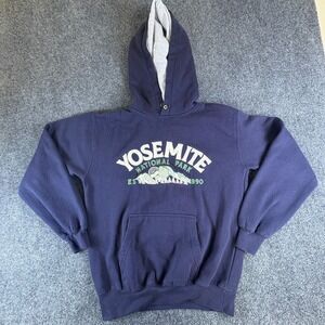 VTG Prairie Mountain Yosemite National Park Hoodie Mens Small Blue Embroidered